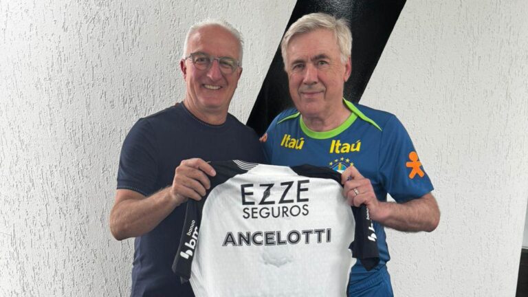 Dorival Júnior e Carlo Ancelotti se encontram no CT do Corinthians